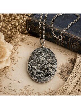 Vintage Pastoral Village Scene Photo Locket Necklace Silver Tone 24 in